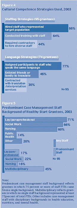 Figure 4 Cultural Competence Strategies Used, 2003 and Figure 5 Predominant Case Management Staff Background of Healthy Start Grantees, 2003