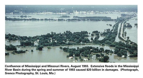 Confluence of Mississippi 
and Missouri Rivers, August 1993.  Extensive floods in the Mississippi River Basin during the 
spring and summer of 1993 caused $20 billion in damages. (Photograph, Srenco Photography, St. 
Louis, Mo.)