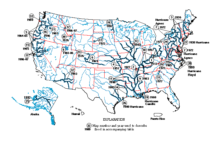 Map showing locations of 
significant floods of the 20th century