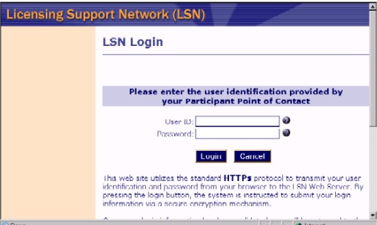 Licensing Support Network Login Page