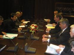 April 14, 2008 – The Honorable Michael O. Leavitt, Secretary, U.S. Secretary of Health and Human Services, meets with the Honorable Noer Hassan Wirajuda, Foreign Minister of the Republic of Indonesia. The meeting with the Foreign Minister started a day of meetings with Indonesian senior officials on cooperation between the United States and Indonesia on health issues. (Photo Credit: Christopher Hickey)