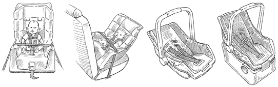 Four illustrations of properly restrained safety seats