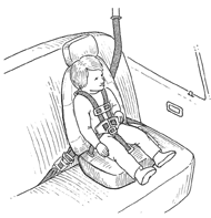Illustration of child secured in high-back booster seat with 5 point harness