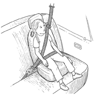Illustration of child secured in high-back, belt-positioning booster seat with lap and shoulder belt in use