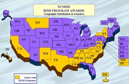 Map of the 15 states, District of Columbia and Puerto Rico with institutions currently participating the Research Infrastructure in Minority Institutions Program.