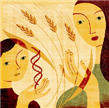 Celiac disease poster showing woman, child, DNA double helix and wheat.