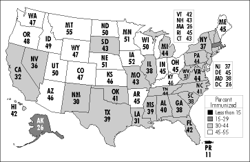 Map: 1995 Influenza Immunizations Paid for by Medicare (% of all beneficiaries with Medicare-paid immunizations aged 65 or older