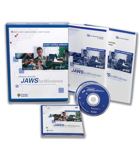 Image of the JAWS software package, including print and braille quick start guides and program and authorization CDs.
