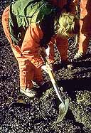 Woman digging trench in sand with shovel