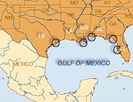 Map of Gulf of Mexico showing location of study sites: Galveston Bay, Atchafalaya & Mississippi River Deltas, Mobile Bay, Suwanne River Basin & Tampa Bay