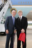 President George W. Bush presented the President's Volunteer Service Award to Nick Marriam upon arrival in Raleigh, North Carolina, on Friday, June 20, 2008.  Marriam, 15, is the co-founder of the Nickelby Project and a volunteer with the Leukemia & Lymphoma Society.  To thank them for making a difference in the lives of others, President Bush honors a local volunteer when he travels throughout the United States.  He has met with more than 600 volunteers, like Marriam, since March 2002.