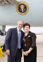 President George W. Bush presented the President's Volunteer Service Award to Mary Frances Ward prior to his departure from Davis-Monthan Air Force Base on Friday, July 18, 2008.  Ward is a volunteer with Experience Corps and Valley Presbyterian Church.  To thank them for making a difference in the lives of others, President Bush honors a local volunteer when he travels throughout the United States.  He has met with more than 650 volunteers, like Ward, since March 2002.