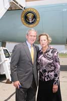 President George W. Bush presented the President's Volunteer Service Award to Linda Campbell upon arrival in Cleveland, Ohio, on Tuesday, July 29, 2008.  Campbell is a volunteer with the Susan G. Komen for the Cure - Northeast Ohio Affiliate, the Junior League of Cleveland, and the American Cancer Society. To thank them for making a difference in the lives of others, President Bush honors a local volunteer when he travels throughout the United States.  He has met with more than 650 volunteers, like Campbell, since March 2002.
