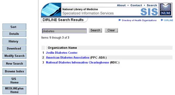 Image of the DIRLINE search results screen.