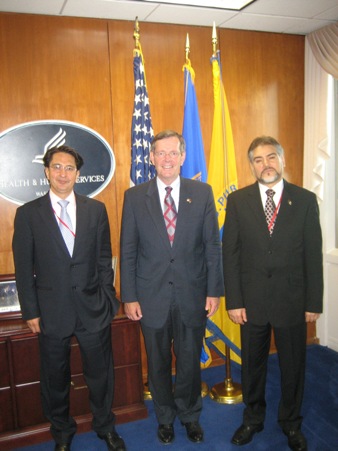 July 21, 2008 – HHS Secretary Michael O. Leavitt (center) with Minister  of Health Sayed Mohammad Amin Fatemi, M.D., of the Islamic Republic of Afghanistan (right) and Afghan Ambassador to the United  States Said Tayeb Jawad (left) after their meeting on Monday.