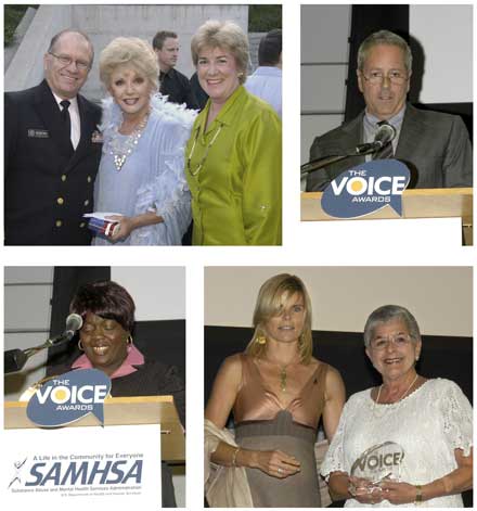 Top left: Ruta Lee (center), recipient of a Special Recognition Award, Dr. Eric Broderick SAMHSA&#8217;s Acting Deputy Administrator (left), and Kathryn Power, M.Ed., Director of SAMHSA&#8217;s Center for Mental Health Services (right). Top right: David Hoberman, executive producer of &#8220;Monk,&#8221; accepts his Voice Award for Career Achievement. Bottom left: Sandra McQueen-Baker, a consumer leader from Miami, FL, accepts her Voice Award. Bottom right: Mariel Hemingway, host of this year&#8217;s Voice Awards, presents Carmen Lee, founder of Stamp Out Stigma, with a Lifetime Achievement Award.