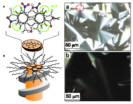 Figure 2.  The glassy-phase molecular arrangement in the supramolecular column self-assembled from molecule A.	Figure 3. Films of molecule D on hydrophobic indium-tin oxide, cooled a.) rapidly 20°C/min and b.) slowly 0.1°C/min, and viewed between crossed polarizers. The dark appearance in (b) indicates that the supramolecular columns are nearly perpendicular to the film surface.  