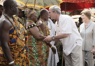 February 20, 2008 – President George W. Bush and Mrs. Laura Bush greet Ghanaian tribal chiefs and members of tribes, in Accra, Ghana. President Bush met with 30 tribal chiefs during his visit to the International Trade Fair Center. (White House photo by Shealah Craighead.)