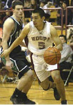 A basketball being dribbled on a court