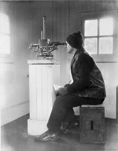 Magnetic observations being made by F. P. Ulrich at Sitka in 1929.