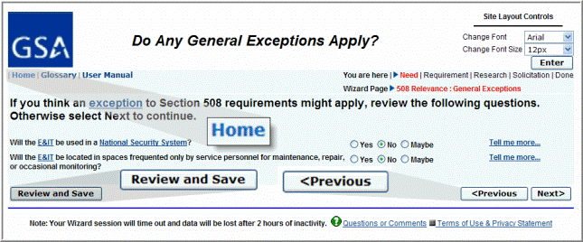 General Exceptions screen with the Previous button and Home link highlighted.