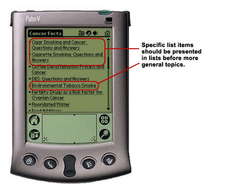 An image of spcific list items coming before more general topics on a PDA screen.