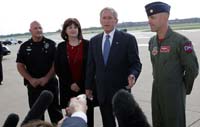 President George W. Bush speaks to the media upon his arrival Friday, Sept. 12, 2008, at Tinker Air Force Base, Oklahoma. Speaking about the impending landfall of Hurricane Ike, the President said, "I want to thank the citizens of Oklahoma for getting ready to help a Texan in need. I urge my fellow Texans to listen carefully to what the authorities are saying in Galveston County or parts of Harris County, up and down the coast. The federal government will not only help with the pre-storm strategy, but once this storm passes we'll be working with state and local authorities to help people recover as quickly as possible."