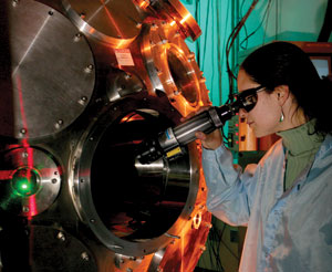 Photo of Sandrine Gaillard staring into Trident's north target chamber.