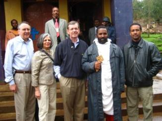 August 10, 2008 – From left to right: Rich McKeown, HHS Chief of Staff; Julie Gerberding, M.D., Director of the Centers for Disease Control and Prevention; HHS Secretary Mike Leavitt; Bishop Abune Samuel of the Addis Ababa Diocese Ato Bedellu Ethiopian Orthodox Church Administrator; and Solomon Zewdu, M.D., County Director, Technical Support for Ethiopians HIV/AIDS Initiative and Disease Prevention and Control Program, Department of International Health, Johns Hopkins University. HHS Secretary Mike Leavitt, CDC Director Julie Gerberding, M.D., and HHS Chief of Staff Rich McKeown were led on a tour of the Holy Water Site at Entoto Mountain in Addis Ababa, Ethiopia by Bishop Abune Samuel and Solomon F. Zewdu, M.D. (Photo Credit: Holly Babin, HHS)