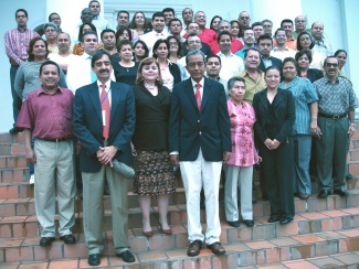 November 11, 2007 – First row: Jorge Motta, M.D., MPH, Director of the Gorgas Memorial Institute and Interim Director of the Regional Health-Care Training Center in Panama City; Rosaly Correa-de-Araujo, M.D., MSc, Ph.D., Director of the Office of the Americas, Office of Global Health Affairs, U.S. Department of Health and Human Services; and Enrique Mendoza, M.D., Ph.D., Director of Academic Affairs for the Regional Health-Care Training Center.