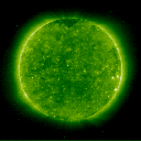 [green-hued representation
			of EIT Fe XII image]