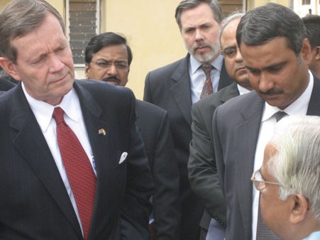 January 7, 2008 – U.S. Secretary of Health and Human Services (HHS) Michael O. Leavitt and the Indian Union Minister for Health and Family Welfare, the Honorable Anbumani Ramadoss, M.D., M.P., listen as Sikhamani Rajasekaran, M.D., the Superintendent of the Government Hospital of Thoracic Medicine (GHTM) in Chennai, the capital of the Indian State of Tamil Nadu, describes the hospital's work in treating patients with HIV/AIDS and tuberculosis. The U.S. Consul General in Chennai, David Hopper, and the HHS Health Attaché at the U.S. Embassy in New Delhi, Altaf Lal, M.D., look on in the background.