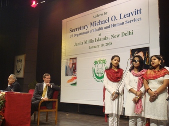 January 10, 2008 – U.S. Secretary of Health and Human Services (HHS) Michael O. Leavitt listens to a chorus sing the anthem of Jamia Millia Islamia University, in New Delhi, Republic of India, during his visit to speak to students and faculty.