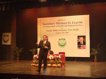 January 10, 2008 – U.S. Secretary of Health and Human Services (HHS) Michael O. Leavitt speaks to students and faculty at Jamia Millia Islamia University in New Delhi, Republic of India.