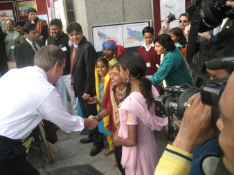 January 11, 2008 – U.S. Secretary of Health and Human Services Michael O. Leavitt greets children during a National Immunization Days event at the Sriniwaspuri Maternal and Child Welfare Center in New Delhi, India, where he administered vaccine to children to show support for India's efforts to eradicate polio.