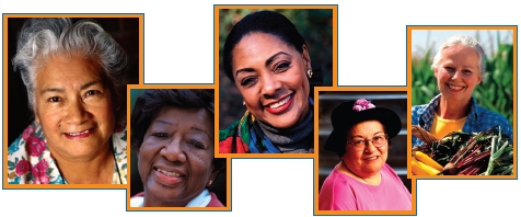 A collage of five photographs of women of different ethnic backgrounds.