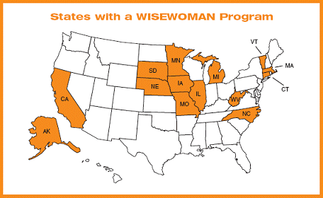 Map showing the states that offer the WISEWOMAN program: Alaska, California, South Dakota, 
		Nebraska, Minnesota, Iowa, Missouri, Illinois, Michigan, West Virginia, North Carolina, Connecticut, Vermont, and Massachusetts.