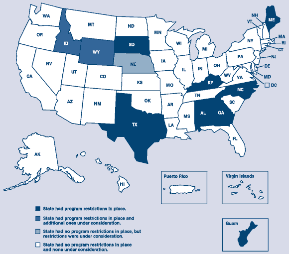 States/Territories With Current or Planned Program Restrictions as of February 2002