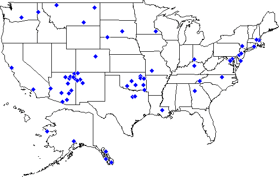 A static U.S. map of Therapist Officer duty station locations