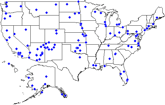 A static U.S. map of Environmental Health Officer duty station locations