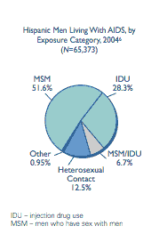 HIspanic Men Living With AIDS, by Exposure Category 2004  This pie chart depicts Hispanic men living with AIDS, by exposure category, 2004.  MSM 51.6%, IDU 28.3%, MSM/IDU 6.7%, Heterosexual contact 12.5%, other .95%