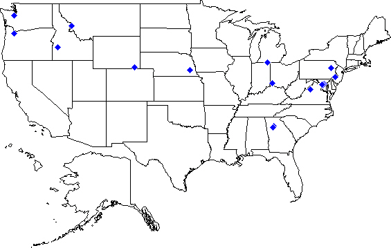 A static U.S. map of Veterinarian Officer duty station locations