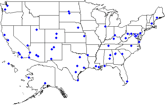 A static U.S. map of Scientist Officer duty station locations