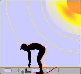 Diagram: Man bent over working on steel structure in sun