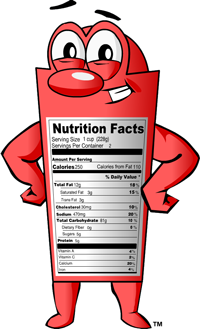 Labelman character (TM) - cartoon character displaying a nutrition label