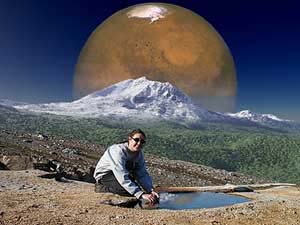 Mars landscape with Jennifer Helmann doing field research in the foreground