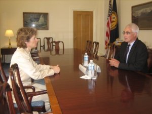 USTR Susan Schwab (left) met with British Secretary of State for Trade and Industry Alistair Darling on June 15, 2006 to discuss bilateral and multilateral trade issues.