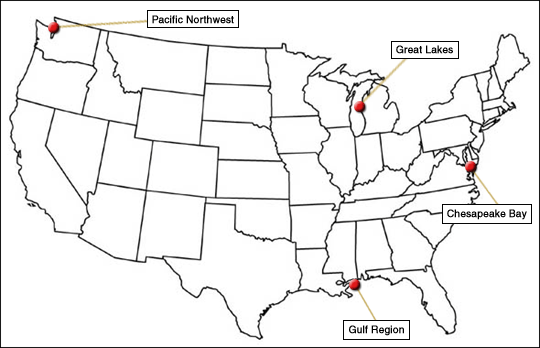 Map of the continental U.S. showing ballast water activity regions.