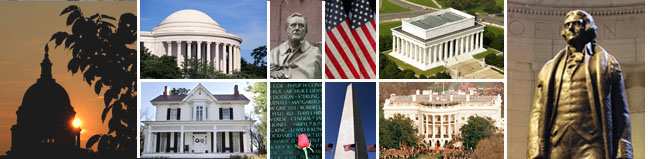 Photo collage showing various buildings, monuments, and memorials from the Washington, DC area. All photos copyrighted by AP
