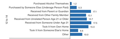chart showing common sources of alcohol by age group - click to view text only version